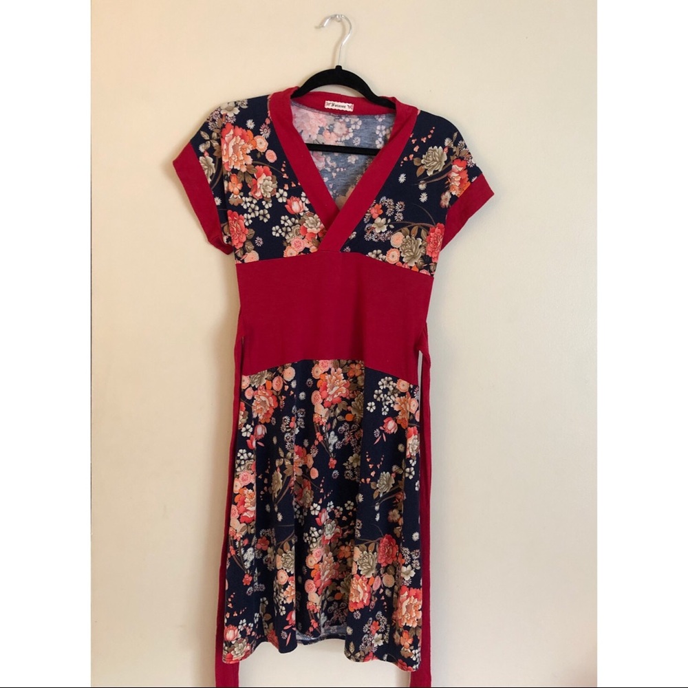 Floral contrast-waist dress